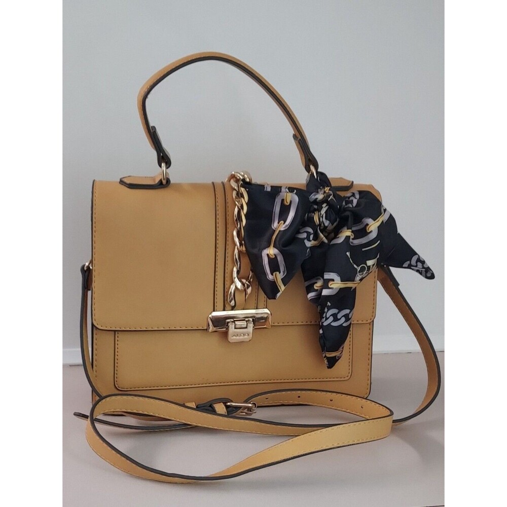 Aldo Crossbody/Hand Bag with Chain Accent & Bag Scarf Yellow